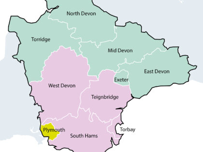 Option 5 - A three unitary model of Plymouth, North East Devon and South West Devon - A map showing the 3 unitary areas